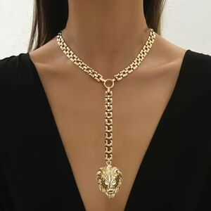 14K Gold Plated Designer Inspired Lion Head Pendant Lariat Necklace